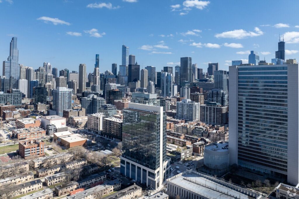 the 808 cleveland chicago aerial skyline view